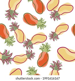 Isolated pineapples in beige and red colors seamless pattern. Abstract contoured fresh fruit silhouettes. Decorative backdrop for fabric design, textile print, wrapping, cover. Vector illustration.