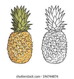 Isolated pineapples. Graphic stylized drawing. Vector illustration. Black and white