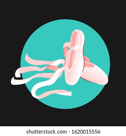 Isolated pink ballerina pointe shoes on green circle in modern flat style. Icon for ballet class. Studio logo design. Vector Illustration