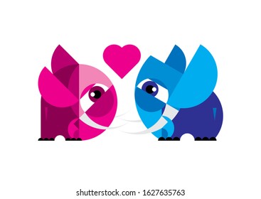 Isolated pink and blue elephants with heart on white background