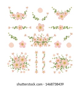 Isolated pink botanical flower elements with branch and leaves. Vector wreath bouquet and decorative object. Set of blooming floral material for graphic design.