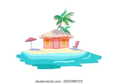 Isolated pink bungalow thatched roof Yellow sand Tropical palm Sea shore Beach umbrella chaise lounge Marine Flat vector print Poster poster clothing wallpaper