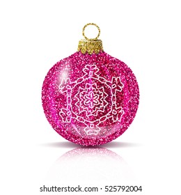 Isolated pink christmas ball with silver snowflake. Glitter sequins texture. Realistic decoration for christmas tree or new year. Brilliance sparkle. Reflection and shadow. Vector EPS10 illustration.