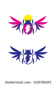 Isolated pink and dark blue egyptian scarab logo design with wings and lightnings