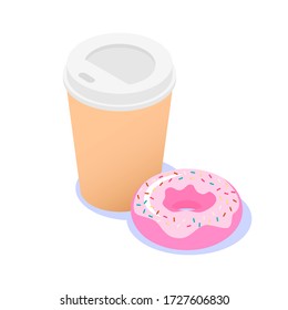 Isolated pink donut with icing and a cup of coffee on a white background. Vector isometric illustration.