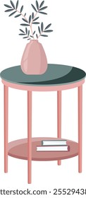 Mesa auxiliar rosa aislada con florero y libros. Ilustración vectorial