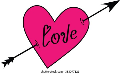 Isolated pink heart with an arrow and inscription love