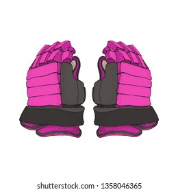 Isolated pink hockey gloves for woman on white background. Ice hockey sports equipment. Hand drawn Ice hockey gloves in cartoon style