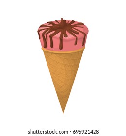 Isolated pink ice cream with chocolate sauce in waffle horn.