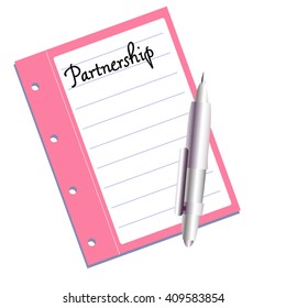 Isolated pink notebook with the text partnership written on the first page