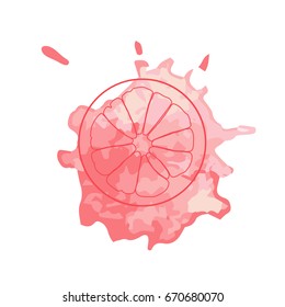 Trozo aislado de pomelo rosado sobre una mancha de jugo color agua rosa. Impresión de ranura de líneas de curva.