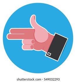 Isolated pink pointing finger on a blue background.