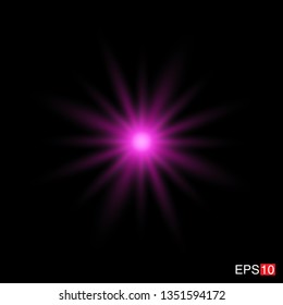 isolated pink Rays with lens flare, Sun flare, flare on the black background. Transparent Vector Illustration
