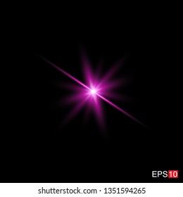 isolated pink Rays with lens flare, Sun flare, flare on the black background. Transparent Vector Illustration