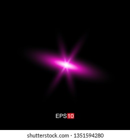 isolated pink Rays with lens flare, Sun flare, flare on the black background. Transparent Vector Illustration
