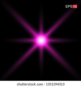 isolated pink Rays with lens flare, Sun flare, flare on the black background. Transparent Vector Illustration