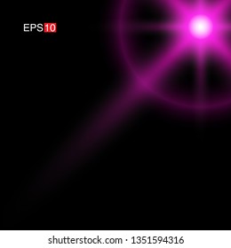 isolated pink Rays with lens flare, Sun flare, flare on the black background. Transparent Vector Illustration