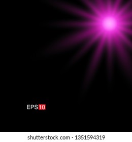 isolated pink Rays with lens flare, Sun flare, flare on the black background. Transparent Vector Illustration