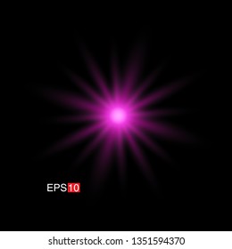 isolated pink Rays with lens flare, Sun flare, flare on the black background. Transparent Vector Illustration