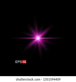isolated pink Rays with lens flare, Sun flare, flare on the black background. Transparent Vector Illustration