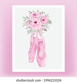 isolated pink rose flower wreath with ballet shoes