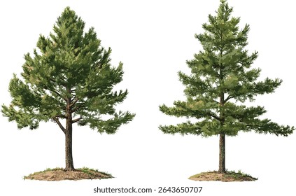 Isolated Pinus ponderosa and Pinus radiata tree cutout, vector illustration, evergreen forest elements, natural environment, botanical trees, woodlands, flora collection.