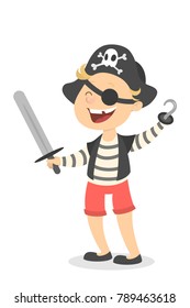 Isolated pirate boy in costume with hat and sword.