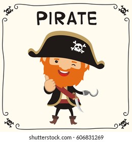 Isolated pirate with red beard and hat with skull.