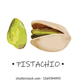 Isolated pistachio on a white background. Set pistachios. Print, banner, label, poster, sticker, logo, promotional material. Vector illustration.