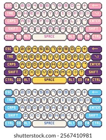 Isolated pixel illustration simple computer keyboard colorful. Alphabets keys, game control buttons