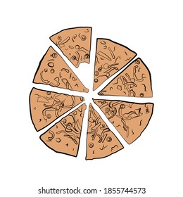 Isolated pizza on a white background. Pizza icon. Pizza with a bitten slice.