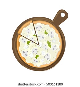 Isolated pizza on wooden board on white background. Tasty and fresh italian fast food. Pizza with cheese, mushrooms and chicken.