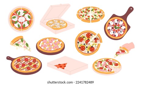 Isolated pizza set, margherita pizzas slice with cheese. Italiano pizzeria elements. Take away pizza in cardboard box, fast food racy vector clipart