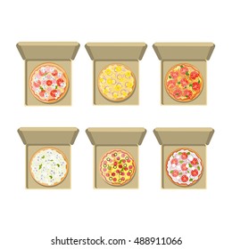 Isolated pizza set on white background. Different pizzas in cardboard boxes. Pepperoni, hawaii, european, margherita and more.