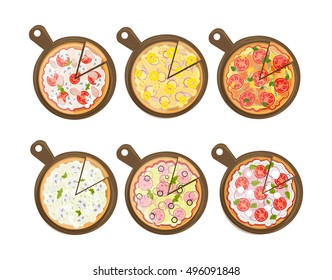 Isolated pizza set on white background. Different pizzas on wooden boards. Pepperoni, hawaii, european, margherita and more.