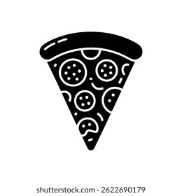 Uma ilustração de fatia de pizza isolada apresenta massa preta, cobertura de pepperoni e crosta. É um lanche saboroso que cria uma imagem fresca e deliciosa.