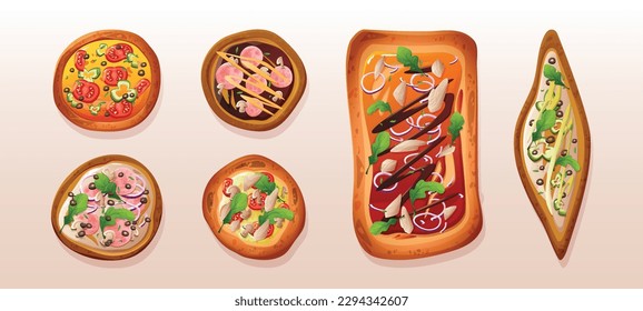 Isolated pizza top view vector icon illustration set. Round margherita and marinara kinds italian food for lunch in restaurant. Different pizzeria cooking shape clipart for menu with meat and pepper.