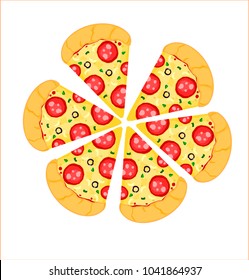 Isolated pizza with white back ground,cut into pieces,food vector.