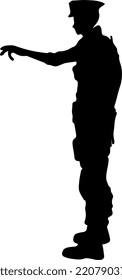 Isolated plain black silhouette of a male police wearing hat and complete uniform.