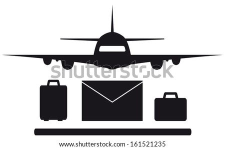 isolated plane, envelope and luggage symbol silhouette 