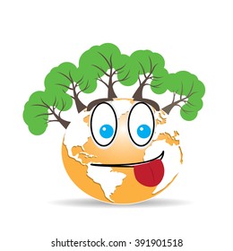 Isolated planet earth with a happy face and trees on a white background