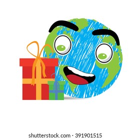 Isolated planet earth with a pair of presents on a white background