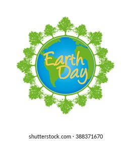 Isolated planet with text and trees on a white background for earth day