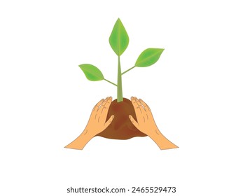 Isolated Plant with Hands and green leaves. Environment symbol and icons. 