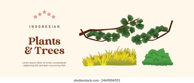 Isolierte Pflanzen Baum Blume und Landschaft Illustration Zelle schattiert Stil