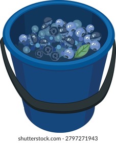 Isolated plastic bucket full of ripe blueberries with a green leaf