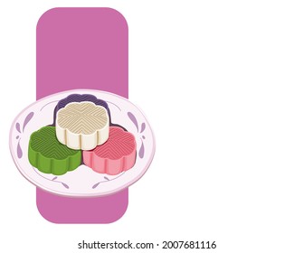 Isolated plate of mooncake in different flavours.  Close up mooncake vector illustration on white background. Mid autumn festival celebration.  