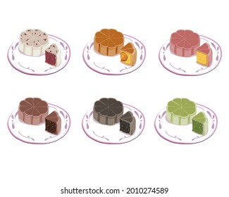 Isolated Plate Of Mooncake In Different Flavours On White Background. Whole And Cutting Mooncake On Dish. Asian Food Hand Drawing Vector Illustration. Close Up Mooncake.  