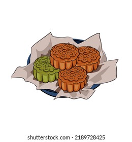 Isolated plate of mooncake, different flavours of round shape mooncakes on ceramic plate with brown paper decoration. Traditional style of mooncake for Mid Autumn Festival. Asian food vector.  