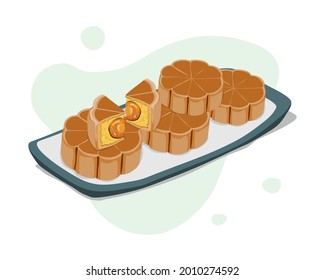 Isolated plate of mooncake filled sweet mung bean paste and salted egg yolk served on light green plate.Close up view macro concept to present details. Asian food vector illustration. 